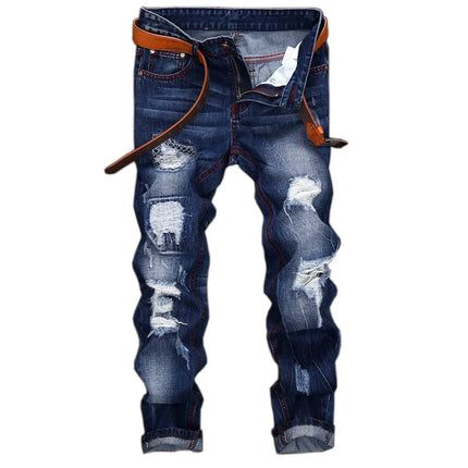 2026 New Men's Yellow Jeans, Blue Stretch Biker Trousers, Broken Hole Jeans, Fashion Popular Men Denim Pants Big Size 29-42