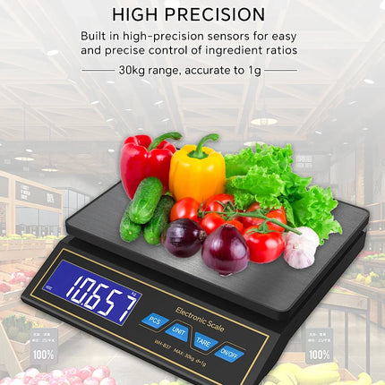 LCD Digital Kitchen Scale 30kg/1g Rechargeable Stainless Steel Panel Electronic Scales Home Jewelry Food Weighing Baking Tools