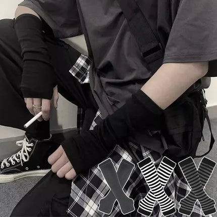 Punk Long Arm Gloves Adjustable Elastic Interval Stripe Fingerless Glove Protective Mittens Winter Nylon Arm Cover Cool Sleeves