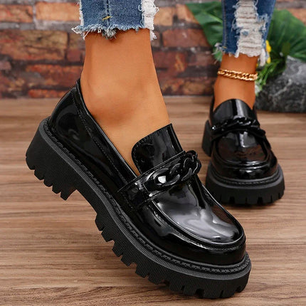 Women's Platform Loafers with Chain Decor Fashion Preppy Style Dress Shoes Woman Patent Leather Slip On Ladies Flats Plus Size