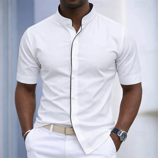 20 Colors Summer Men's Stand Collar Short Sleeve Shirt, Color Block Fashion Design, Slim Fit Business Casual Shirt, Sizes XS-6XL