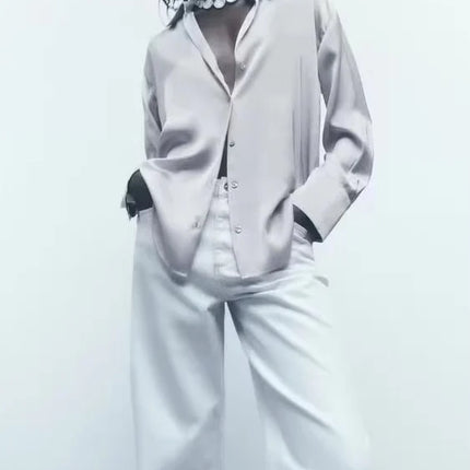 Classic Silk Satin Feel Shirt New Spring Collection Long Sleeve Polyester Fabric Women's Premium Fashion Regular Length