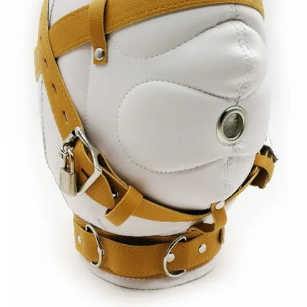 BDSM PU Leather Total Sensory Deprivation Full Head Bondage Hood Headgear Mouth Open Lockable Gimp Bondage Sex Toy for Couple