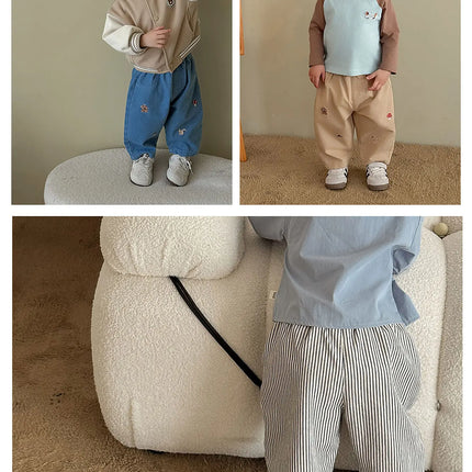 2026 Fall New Toddler Kids Pants Cotton Cartoon Embroidered Harem Pants Baby Boy Casual Striped Denim Baggy Trousers