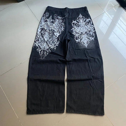 vintage style printing black baggy jeans harajuku trend men women hip hop fashion casual Joker couple Wide-leg pants streetwear
