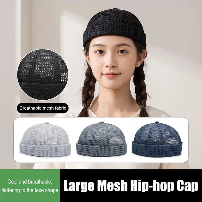 Summer Mesh Brimless Docker Cap Breathable Grid Beanie Adjustable Retro Landlord Hat Hip Hop Street Style Unisex Daily Outdoor