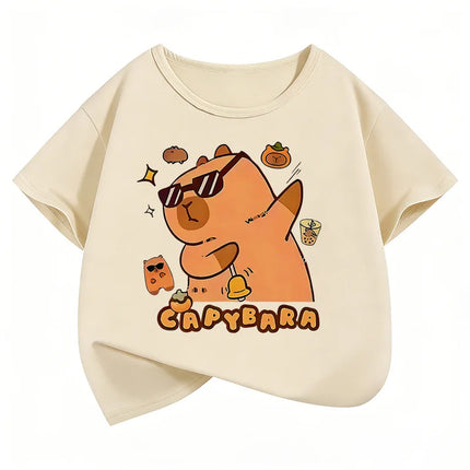 Summer Spring Cute Capybara Print Round Neck Short Sleeved Tee Shirt for Boys and Girls Fashionable Simple Children's T-shirt