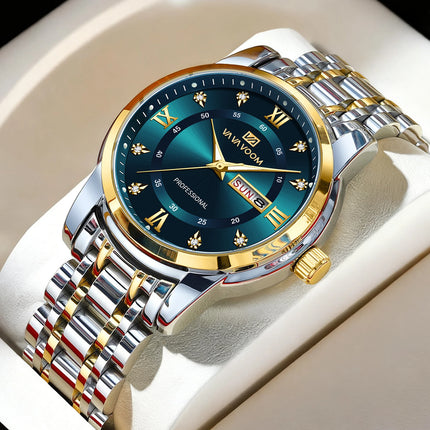VA VA VOOM Luxury Watch Men Gold Blue Rhinestone Stainless Steel Business Style Original Quartz Movement Week Couple Men Watches
