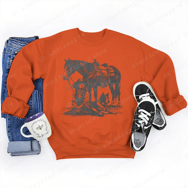 Women Oversized Sweatshirt, Cowgirls Horse & Dog Print Crew Neck Sweatshirts Casual Long Sleeve Plus Size Hoodless Pullovers