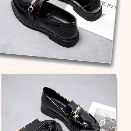Women's Mary Jane Platform Shoes Round  Head Spring New Metal Chain Casual Soft Patent Leather Slip on Loafers
