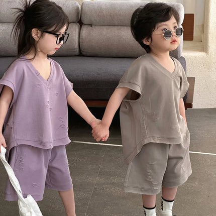 RAISE Summer Brother Sister Clothes Muslin Hollow V-collar Kids Boy Short Sleeve Top Suit Loose Solid Straight Shorts Tracksuits