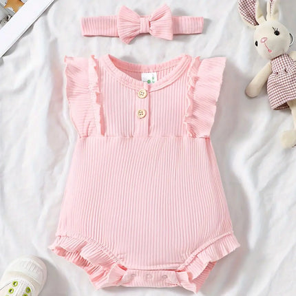 2PCS Summer Baby Girl Jumpsuit with Round Neck Butterfly Sleeve Design, Cute Sweet and Lively Princess Style Newborn Jumpsuit