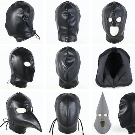 PU Leather Bondage Mask Full Head Hood Blindfold BDSM Fetish Roleplay Slave Harness Sexy Adult Sex Toys for Women Men Couples