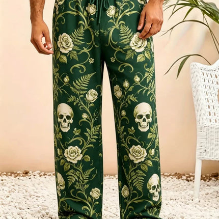Men's skull print casual pants, loose and breathable drawstring style, for trendy and cool vacation items in multiple scenes