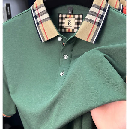 Men's high-end silky cotton breathable short-sleeved polo shirt, new summer trend, plaid lapel, designer brand, casual golf T-shirt