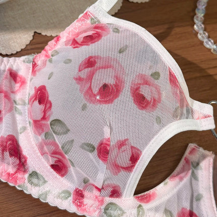 French Romantic Pink Rose Print Sheer Mesh Lingerie Set Heart Cutout Underwire Bra & Thong
