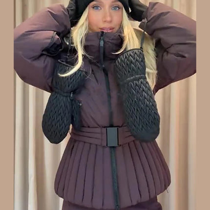 Women Peplum Ski Jackets Hooded Stand Collar Belt Waist Zipper Solid Puffer Jacket Fashion Sheath Warm Sport Winter 2025 Skiwear