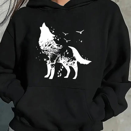 2025 Autumn and Winter Women's Wolf Pattern Hoodie Casual Black Pullover White Wolf Pattern Casual Hoodie Comfortable Graphic