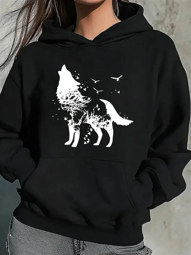 2025 Autumn and Winter Women's Wolf Pattern Hoodie Casual Black Pullover White Wolf Pattern Casual Hoodie Comfortable Graphic