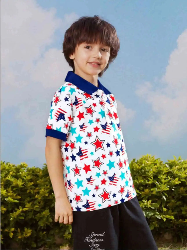 Boys' colorful star pattern Polo shirt: comfortable and breathable, vibrant design, essential for summer casual wear