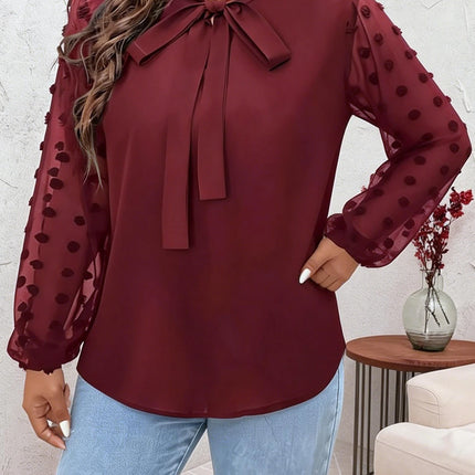 Plus Size Spring Autumn Women Elegant Bow Tie Neck Shirt Office Lady Fashion Solid Curve Clothing Casual Long Sleeve Tops