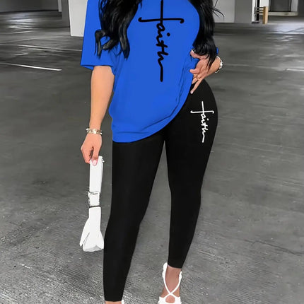 Women's Sports Outfit Set, Plus Size Abstract Figure Print long Sleeve T-shirt Top & Medium Stretch Comfy Pants Fitness Outfit