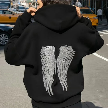 Fashion Wings Beads Sweathirts Women Oversized Hoodies Fleece Lining Sequined Casual Pullover Top Y2K Clothes Lady Outfits 2026