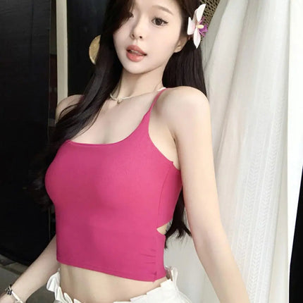 New Women's Tank Tops: Sexy Hollow Back Camisole with Chest Pad, Summer Basic Elastic Tank Top, One-Piece Vest, Casual Short Crop Tops