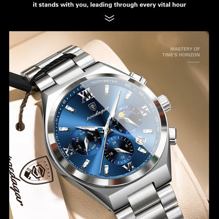 POEDAGAR Fashion Functional Men's Wristwatch Luminous Week Date Business Watch For Men Stainless Steel Sports Men's Quartz Watches