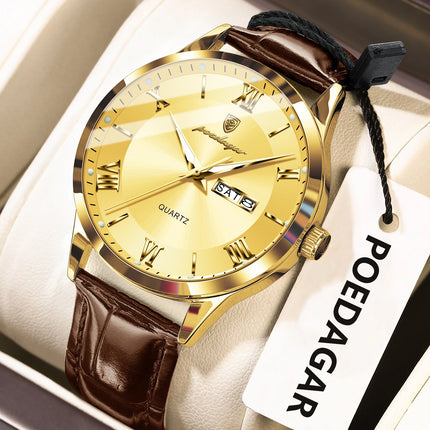 POEDAGAR Classic Luxury Men's Wristwatch Date Week Leather Business Man Watch Waterproof Luminous Fashion Quartz Watches For Men