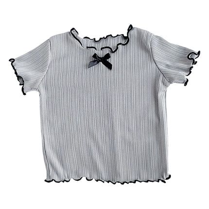 Girls' Ice Silk T-shirt Korean Style Short Sleeve Tops Children's Clothes 2025 Girl Summer Teen Kids Bow Round Neck Solid Tops
