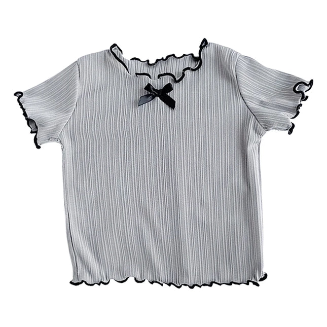 Girls' Ice Silk T-shirt Korean Style Short Sleeve Tops Children's Clothes 2025 Girl Summer Teen Kids Bow Round Neck Solid Tops