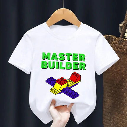 Master Builder Blocks Building Print Cartoon Kids T shirt Girls Summer Tops Baby Boys Clothes Children Short Sleeve T-shirts
