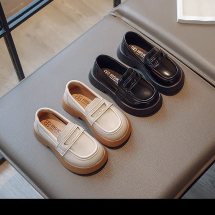 Girls Leather Shoes for Party Wedding Slip-on Simple Solid Black Kids UK Uniform School Shoes Children Loafers 2023 Four Season