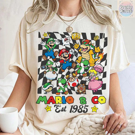 Super Mario Family Vintage T-shirt Men and Women Summer Cotton Y2K Clothing Cartoon High Quality Short Sleeved Tee Streetwear
