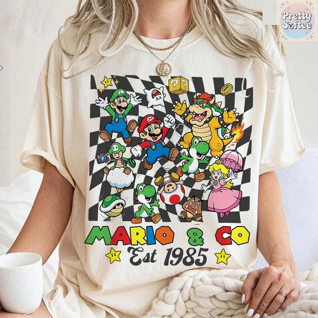 Super Mario Family Vintage T-shirt Men and Women Summer Cotton Y2K Clothing Cartoon High Quality Short Sleeved Tee Streetwear