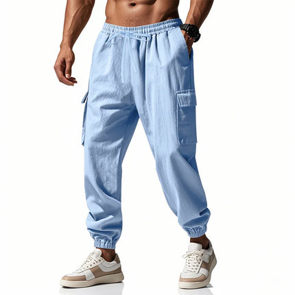 2026 New men's casual multi-pocket trousers male closed-placket tethered cotton and linen straight-leg leggings Men Mens