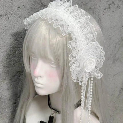 Gothic Lolita White Lace Headband with Angel Wings & Bow Elegant Ruffled Hair Band Hair Accessories for Women Cosplay & Party