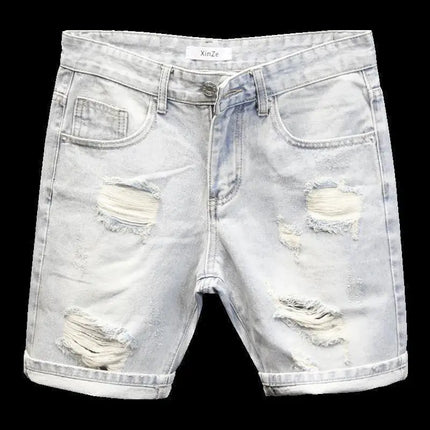 Summer Old Light White Cat Whisker Ripped Denim Four-and-five Pants Men's Slim-fitting Small Feet Versatile Trend Short Pants