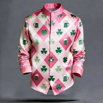 Men's long sleeved shirt with lucky grass pattern, fashionable trend, loose top, street outdoor, casual and comfortable
