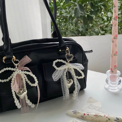 Imitation Pearls Lace Bowknot Keychain Sweet Beaded Pendant Keyring for Women Handbag and Backpack Key Chain Exquisite Ornament