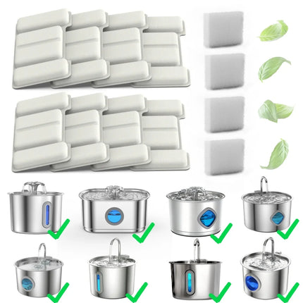 Cat Water Fountain Filter Activated Carbon 8 Replacement Filters and 4 Pump Sponge for Stainless Steel Pet Water Dispenser