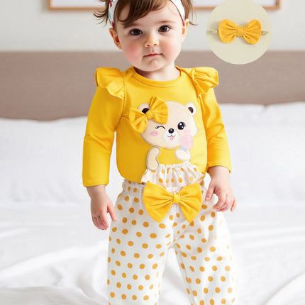 Baby Girls Fall Outfits Long Sleeve Bear Embroidery Romper and Dot Print Pants and Bow Headband
