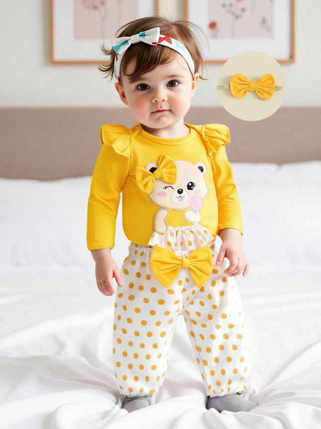 Baby Girls' Fall Outfits: Long-Sleeve Bear Embroidery Romper with Dot Print Pants and Bow Headband
