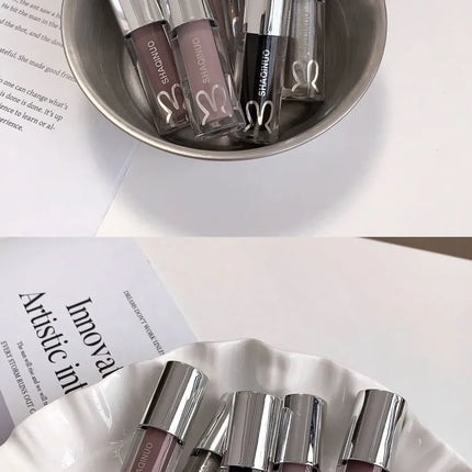SHAQINUO Water Light Mirror Lip Gloss Lasting Moisturizing Cool Black Silver Gray Pearlescent Fine Sparkling Lipstick Lip Oil