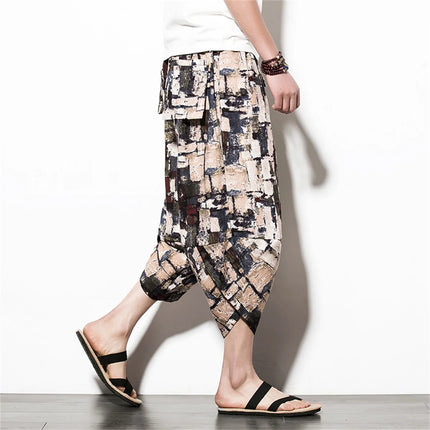 Harajuku Summer Loose Calf Length Casual Pants Men Wide Leg Cotton Linen Printing Baggy Pants Oversize Men's Trousers