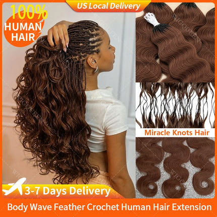 Lightweight Knotless Body Wave Miracle Knots Feather Crochet Bundles 100% Human Hair For Boho Braid #4 Chocolate Brown Bulk Hair