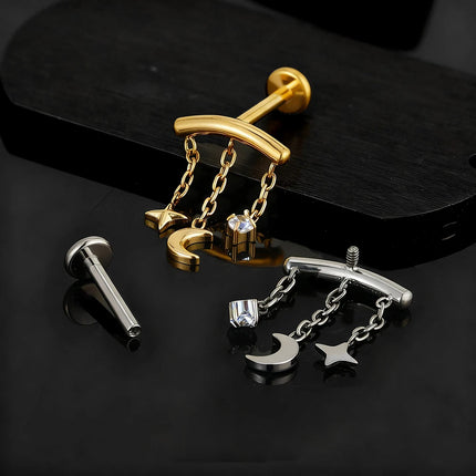 Right Grand ASTM F136 Titanium Hidden Helix Chain Earring 16G Dainty Star Moon CZ Dangle Cartilage Stud Piercing Jewelry