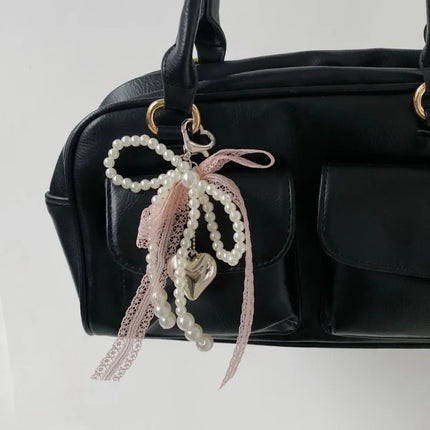 Imitation Pearls Lace Bowknot Keychain Sweet Beaded Pendant Keyring for Women Handbag and Backpack Key Chain Exquisite Ornament