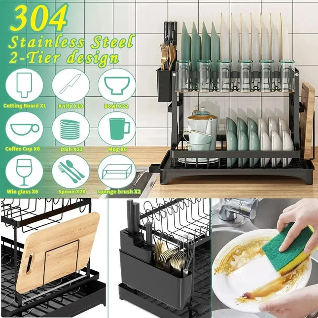 Metal 2 Tier Kitchen Dish Storage Rack Countertop Tableware Drainer With Drip Tray Home Daily Kitchen Organizer